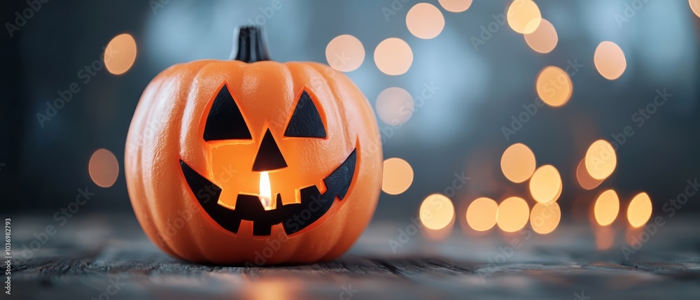 Naklejka premium A Jack O' Lantern atop a table against a hazy backdrop of twinkling lights