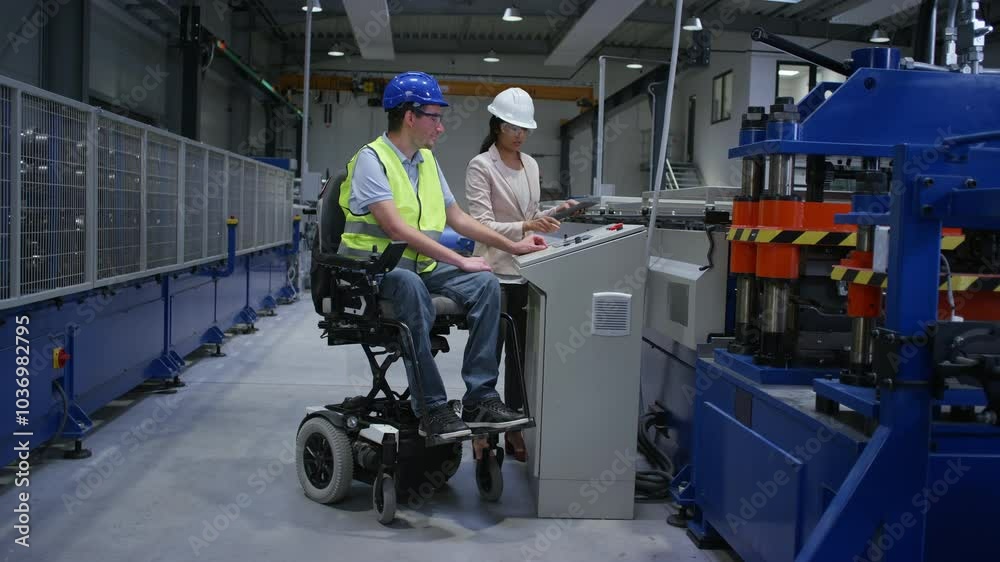 Female production supervisor talking with two employees, one an individual with a physical impairment, as they move through the factory, aerial shot. Female production supervisor talking with two employees, one an individual with a physical impairment, as they move through the factory, aerial shot.