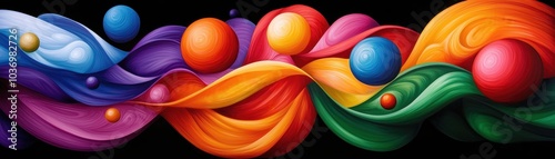 A vibrant, abstract design featuring colorful waves and spherical shapes, creating a lively and dynamic visual experience.