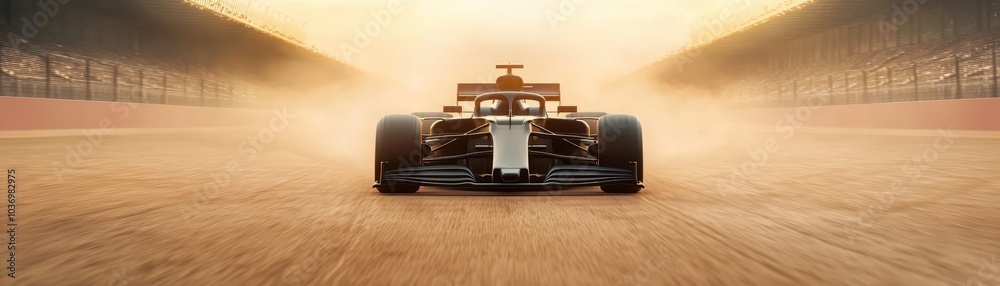 A sleek Formula 1 car is displayed against a dusty backdrop, embodying speed and performance on a racetrack illuminated by a golden glow. A sleek Formula 1 car is displayed against a dusty backdrop, embodying speed and performance on a racetrack illuminated by a golden glow.