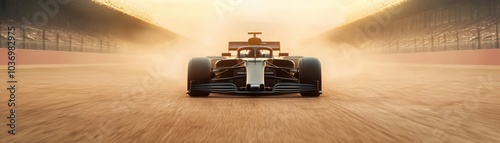 A sleek Formula 1 car is displayed against a dusty backdrop, embodying speed and performance on a racetrack illuminated by a golden glow. photo