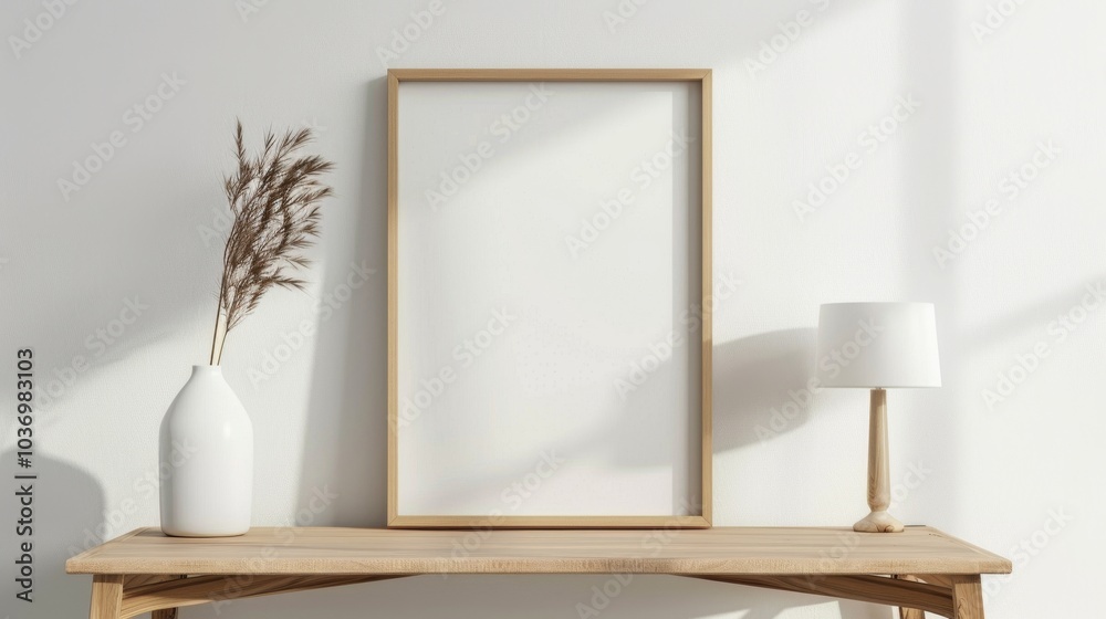 A minimalist home office with white walls and a wooden desk. A blank picture frame is prominently displayed with a single elegant clock. Gentle