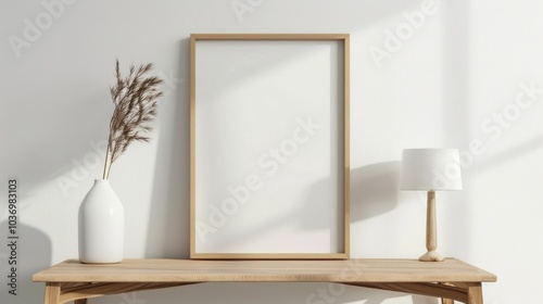 Obraz na płótnie A minimalist home office with white walls and a wooden desk. A blank picture frame is prominently displayed with a single elegant clock. Gentle w salonie
