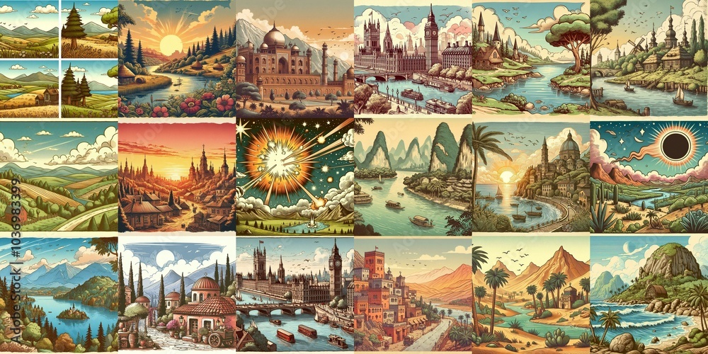 Cartoon landscapes. AI generated illustration Cartoon landscapes. AI generated illustration