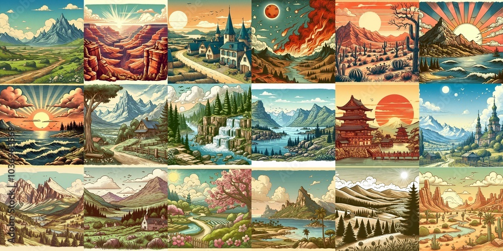 Cartoon landscapes. AI generated illustration Cartoon landscapes. AI generated illustration