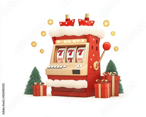 A festive slot machine adorned with holiday decorations, surrounded by gifts and Christmas trees, symbolizes fun and celebration.