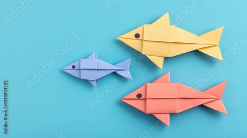 Three colorful origami fish in shades of yellow, blue, and orange on a turquoise background create a vibrant, playful scene.