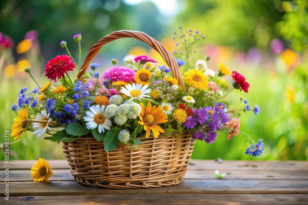 A colorful bouquet of mixed wildflowers arranged in a wooden basket, seasonal flowers, colorful flowers, wildflowers A colorful bouquet of mixed wildflowers arranged in a wooden basket, seasonal flowers, colorful flowers, wildflowers