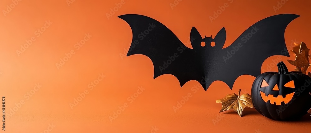 Fototapeta premium Two pumpkins with bat shapes carved out, placed side by side