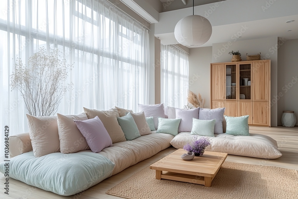 Obraz premium Modern Scandinavian interiors in the living room with windows and sofas. Generative AI 