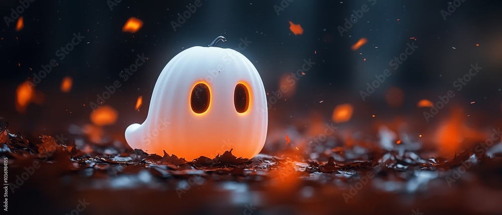Fototapeta premium A ghost hovers over a mound of leaves, its spectral form radiating a luminous glow from its heart