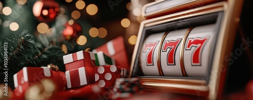 A colorful slot machine showing "777" surrounded by festive decorations and gifts, evoking a holiday gambling atmosphere.
