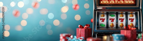 A colorful slot machine with spinning reels, festive gifts, and a sparkling background creates a vibrant casino atmosphere.