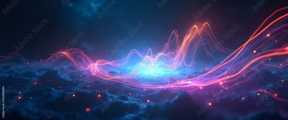 Neon energy waves flowing in a dark abstract scene Neon energy waves flowing in a dark abstract scene