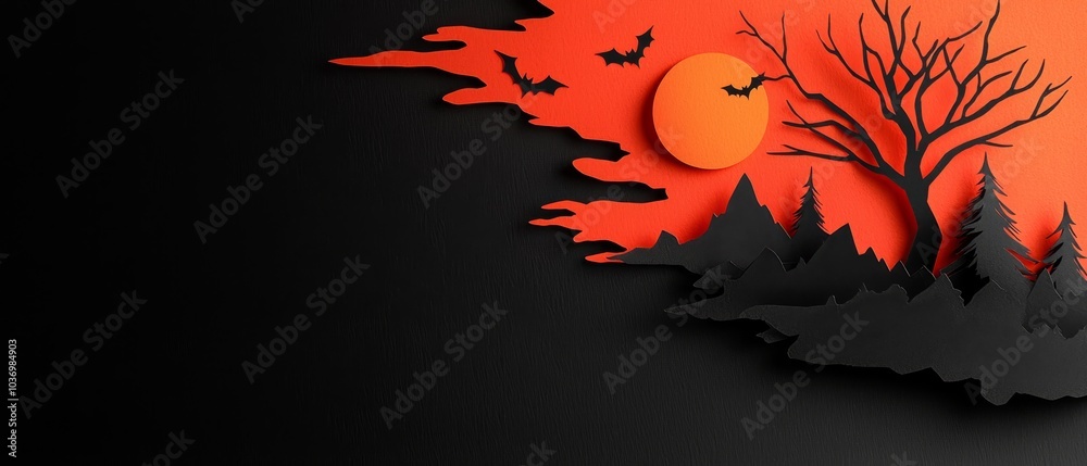 A tree silhouette against an orange sky, bats in flight precede it, a full moon rises behind A tree silhouette against an orange sky, bats in flight precede it, a full moon rises behind