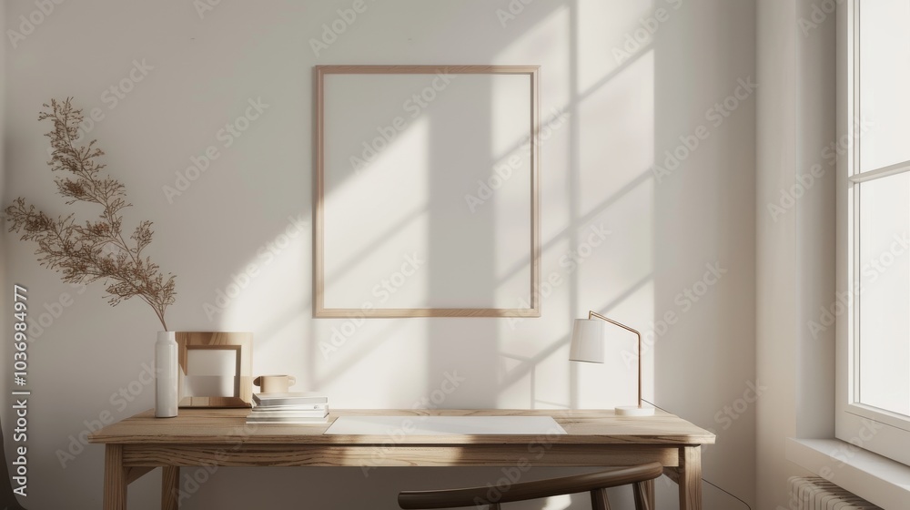 Fototapeta premium A minimalist home office with white walls and a wooden desk. The desk features a blank picture frame and a small potted plant. Bright