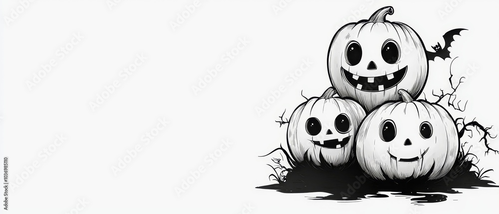 Fototapeta premium Three pumpkins atop a jack-o-lantern pile