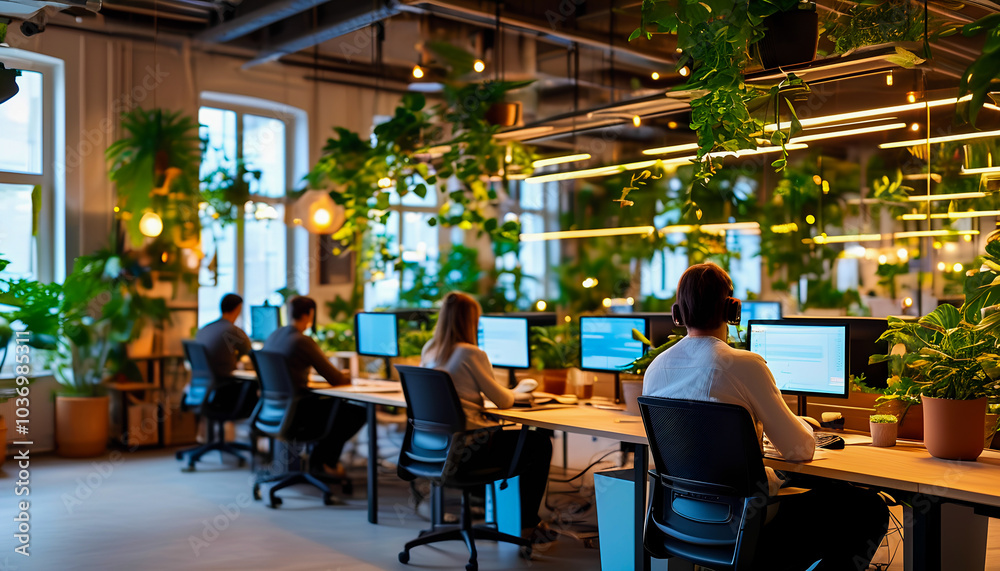 A modern, shared office with open workstations, where employees sit facing their computers, back toward the camera, with a warm, inviting ambiance from indoor plants and soft lighting. A modern, shared office with open workstations, where employees sit facing their computers, back toward the camera, with a warm, inviting ambiance from indoor plants and soft lighting.