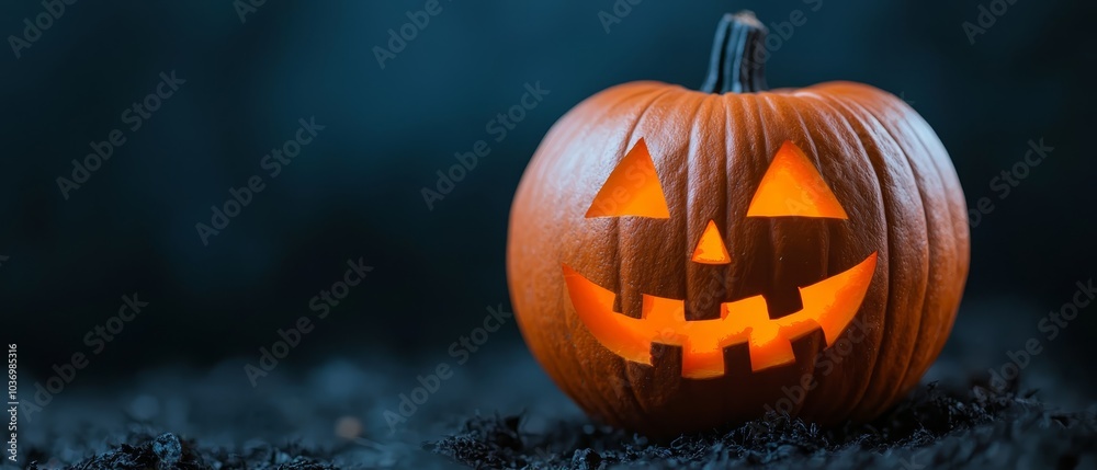 A jack-o-lantern, carved from orange pumpkin, sits atop a mound of blackened grass Dark backdrop behind A jack-o-lantern, carved from orange pumpkin, sits atop a mound of blackened grass Dark backdrop behind