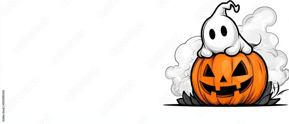 Fototapeta premium A pumpkin emitting smoke Atop it sits a ghost, its spectral head hovering above
