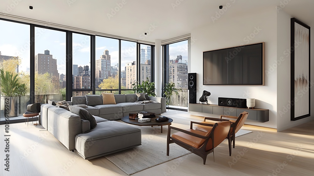 Modern living room with large windows, city view, furniture, and wooden floor. Modern living room with large windows, city view, furniture, and wooden floor.