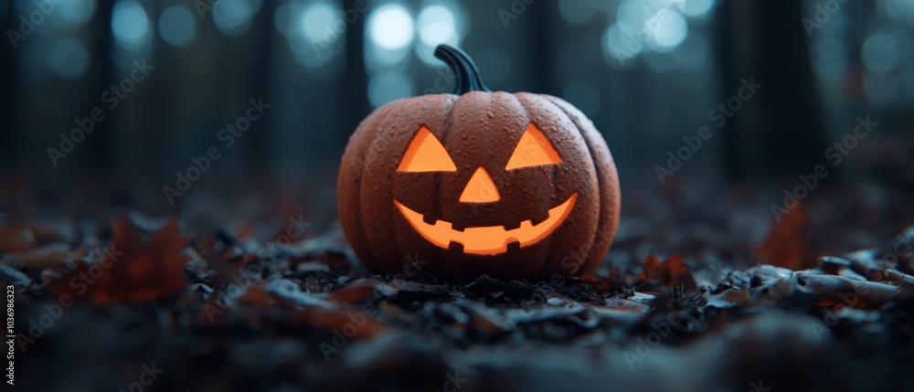 A jack-o-lantern carved from wood, situated in a forest Surrounded by fallen leaves on the ground Trees with fully foliaged backdrop