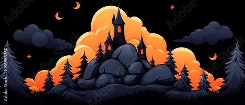  A nightscene of a castle atop a hill, encircled by trees Moon hanging in the sky, adorned with stars and clouds photo