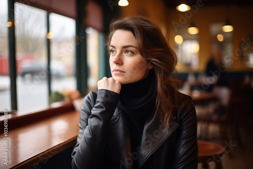 Portrait of a pensive young woman looking away while sitting in cafe