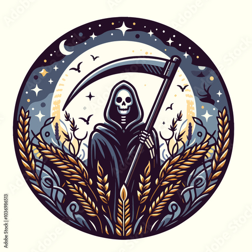 A skeleton holding a pitchfork in a field of wheat