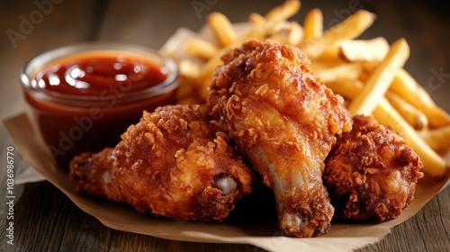 A tempting plate of golden fried chicken drumsticks accompanied by crispy fries and a side of tangy ketchup, perfect for a satisfying meal. photo