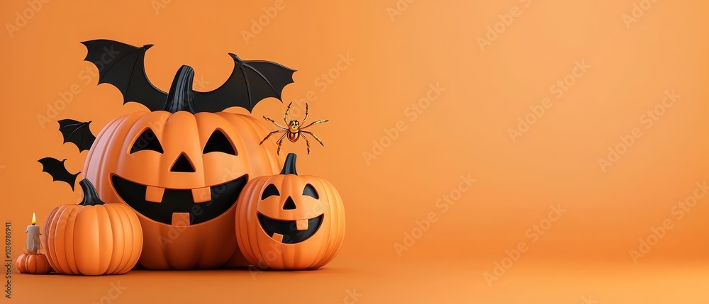  A collection of pumpkins stacked upon one another, adorned with perched bats