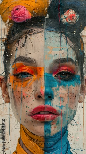 Colorful Portrait of a Woman with Bold Makeup and Abstract Background