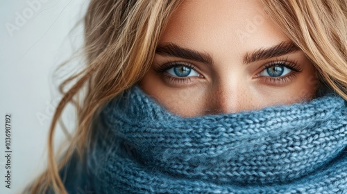 An elegant pair of eyes peek over a snug blue knitted scarf, conveying a sense of mystery and warmth in this artistically captured winter portrait. photo