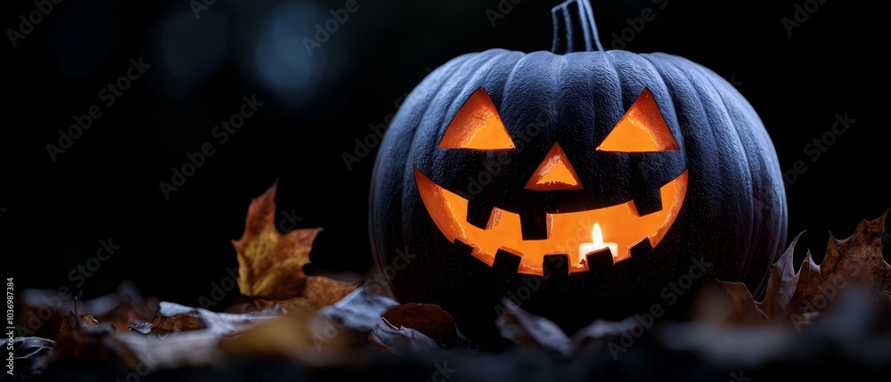A jack-o-lantern pumpkin emits light in the darkness, featuring a candle at its core A jack-o-lantern pumpkin emits light in the darkness, featuring a candle at its core