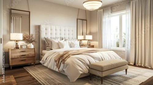 An elegant Scandinavian bedroom featuring a double bed with a headboard bedside tables