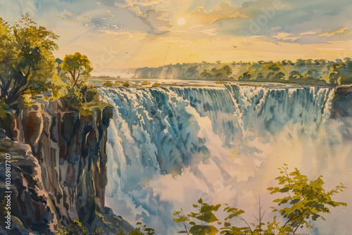 A painting of a waterfall with a bird flying over it photo