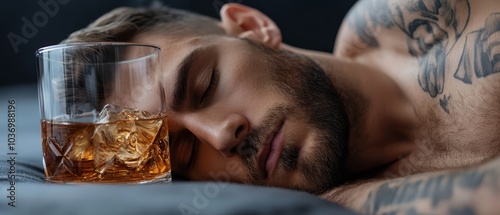  A man sleeps next to two glasses of whiskey on his bedside table