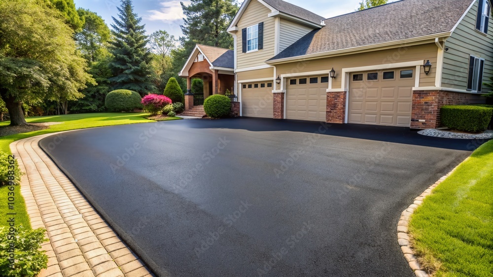 A freshly poured layer of dark asphalt sealant glistens on a residential driveway, smoothed out to perfection, with a freshly sealed finish and clean edges. A freshly poured layer of dark asphalt sealant glistens on a residential driveway, smoothed out to perfection, with a freshly sealed finish and clean edges.