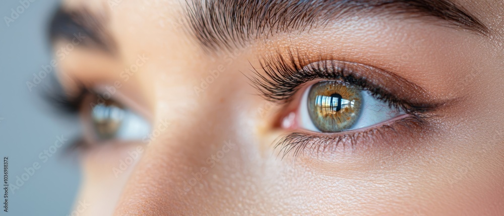 Naklejka premium A woman's eye with a building's reflection in its pupil