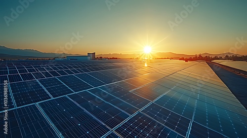 A vast field of solar panels captures the setting sun, creating a stunning display of renewable energy and sustainable technology. photo