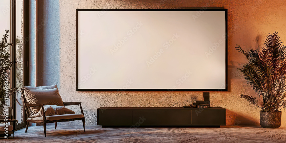 A large white wall with a black frame and a white chair in front of it A large white wall with a black frame and a white chair in front of it