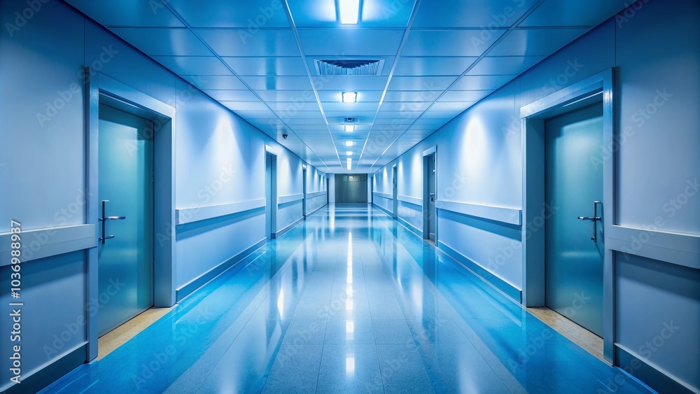 Soft blue hues envelop a deserted hospital corridor, eerie silence punctuated only by faint blurs of motion, evoking a sense of urgency and institutional quietude. Soft blue hues envelop a deserted hospital corridor, eerie silence punctuated only by faint blurs of motion, evoking a sense of urgency and institutional quietude.