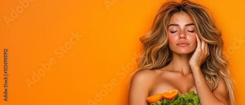  A woman, with her eyes shut, clutches an assortment of oranges before her, while a piece of broccoli hovers near her face photo