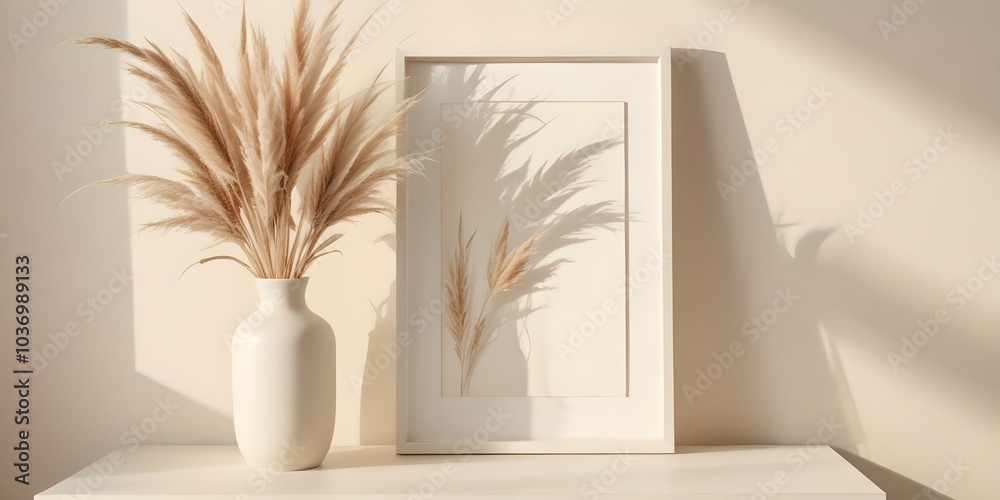 A white picture frame on a shelf with a vase of dried pampas grass , against a light-colored wall with shadows from plants. A white picture frame on a shelf with a vase of dried pampas grass , against a light-colored wall with shadows from plants.