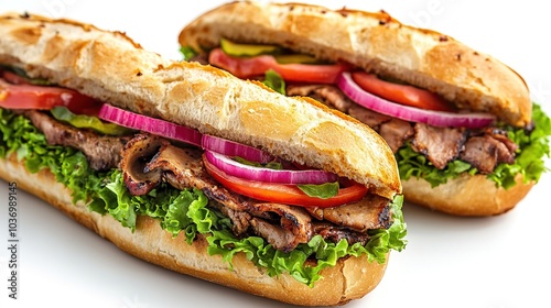 Grilled Shawarma baguette sandwiches Front view of delicious burger setup. white background 