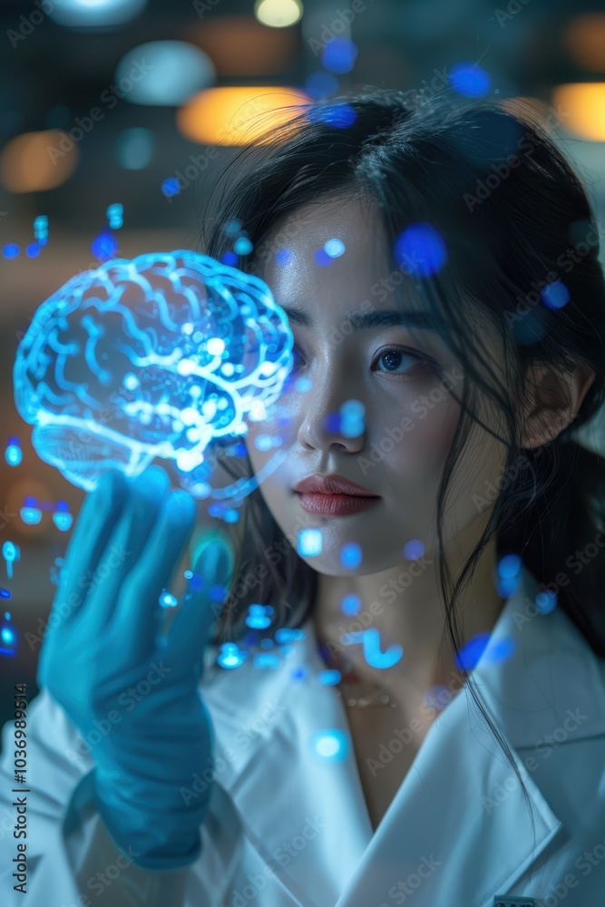a woman in a lab coat is holding up a glowing brain a woman in a lab coat is holding up a glowing brain