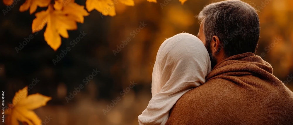  A man, with his back toward the camera, stands before a tree shedding yellow leaves, enshrouded in a blanket