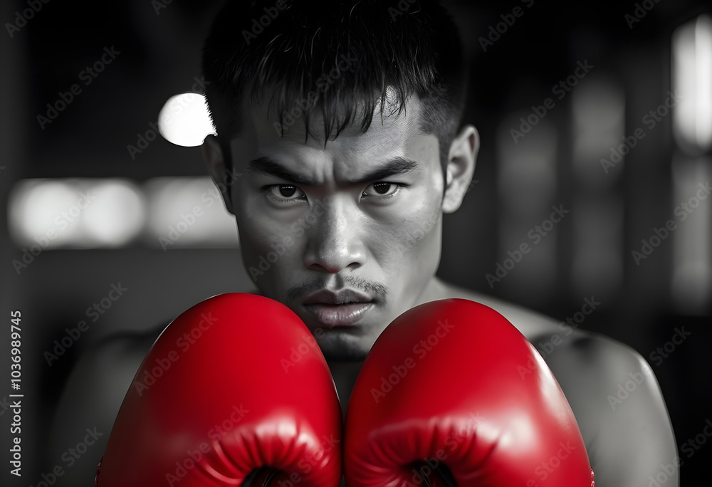 Intense boxer with red gloves focused on training and determination Intense boxer with red gloves focused on training and determination