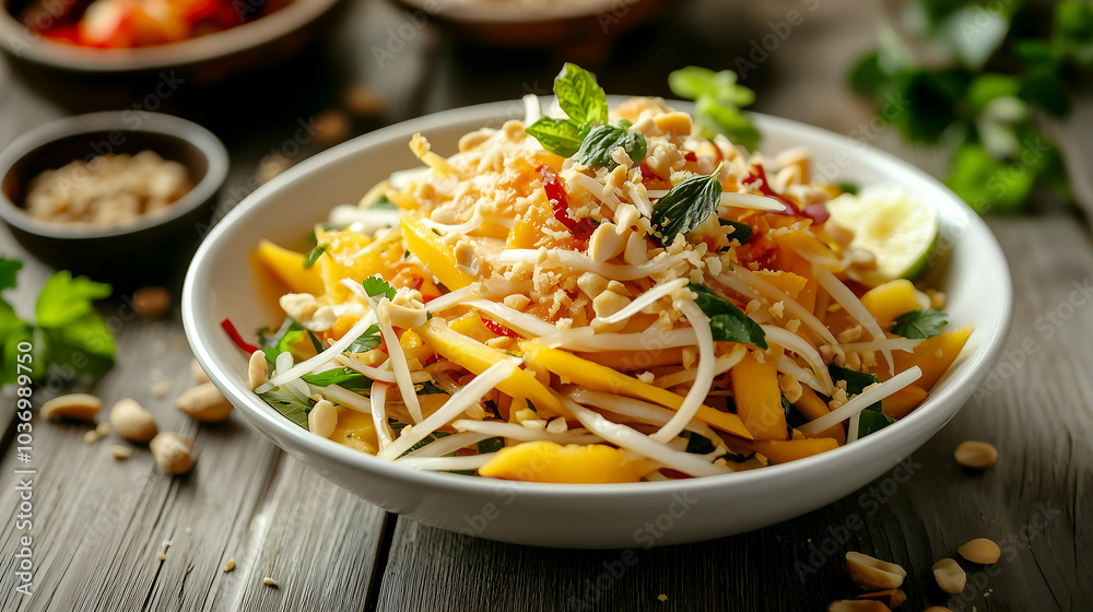 Thai Papaya Salad with Fresh Herbs, Peanuts, and Lime - A vibrant Thai papaya salad featuring shredded green papaya, fresh herbs, bean sprouts, and crushed peanuts.