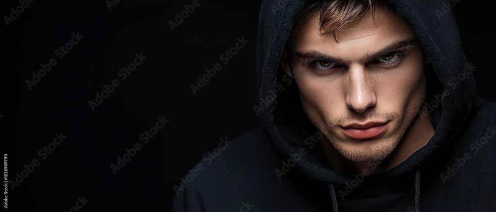  A tight shot of someone in a hoodie, gaze fixed on the camera with a grave expression